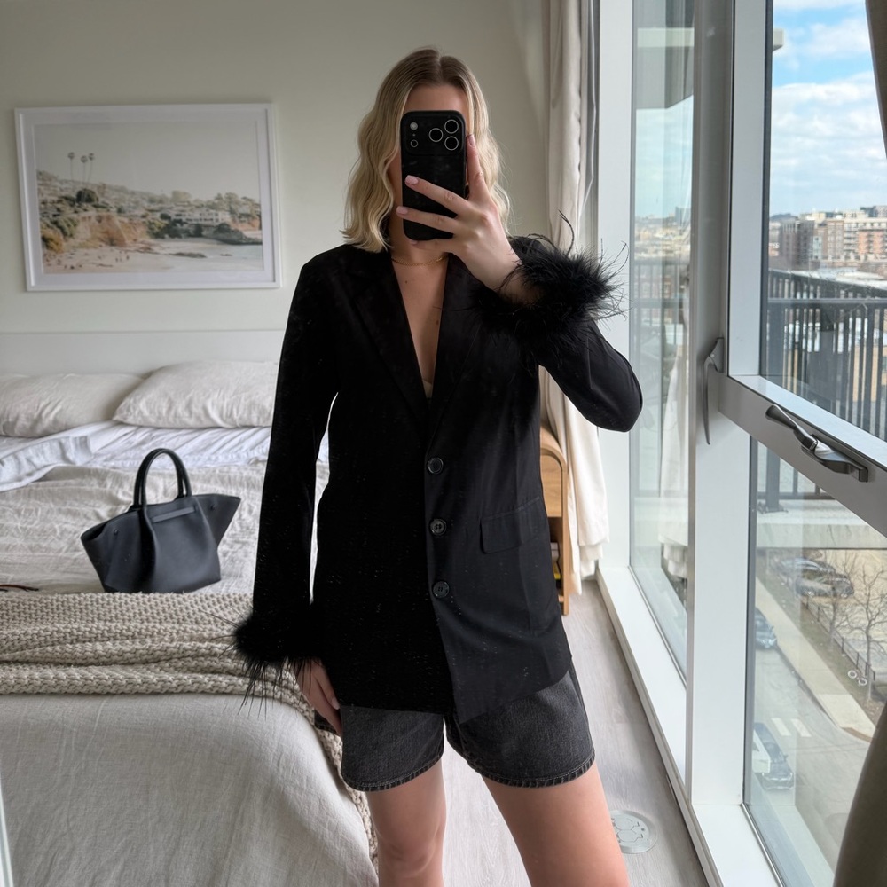 12th Tribe black deep V blazer with fur wrists